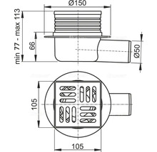Alcadrain Bodenablauf 105 mm x 105 mm mit waagerechten Abgang DN 50 mm, Edelstahl Rost, Geruchsverschluss mit Sperrwasser