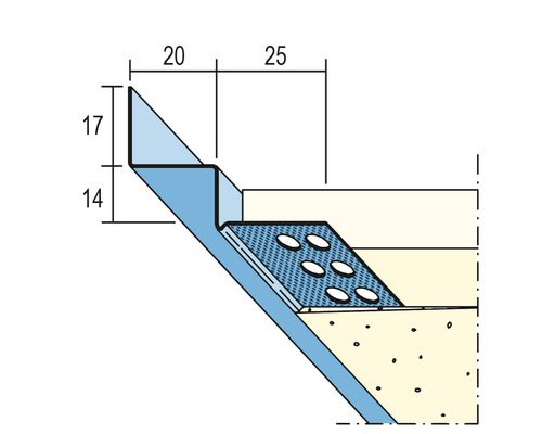 Detailansicht einer Treppenkante mit Maßen 20, 25, 17 und 14 Millimeter.