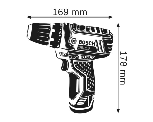 Bosch GSR 12V-15 Professional Akku-Bohrschrauber Maße: 169 mm breit, 178 mm hoch