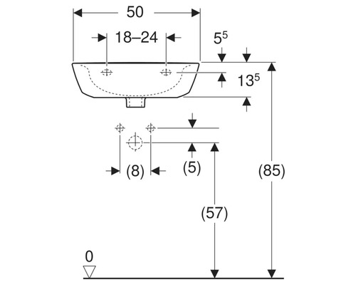 Technische Zeichnung eines Waschbeckens mit Maßangaben