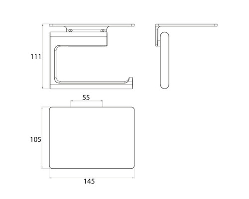 Schéma technique d''un porte-papier toilette avec des dimensions de 111 mm de hauteur, 55 mm de largeur, réservoir de 105 mm de hauteur et 145 mm de largeur.