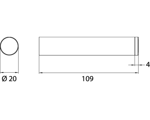 Technische Zeichnung eines Rundstabs mit den Maßen Durchmesser 20, Länge 109 und Tiefe 4