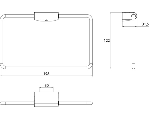 Technische Zeichnung eines Handtuchrings mit Maßangaben