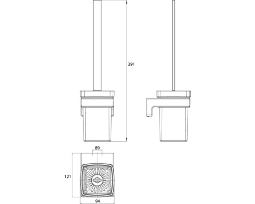 Technische Zeichnung einer Toilettenbürste mit Halterung und Maßangaben