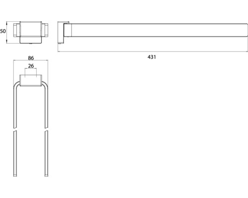 Technische Zeichnung eines Handtuchhalters mit Maßangaben