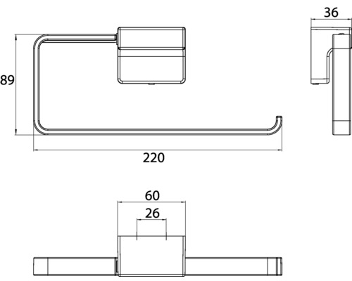 Technische Zeichnung eines Toilettenpapierhalters mit Maßangaben