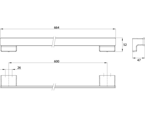 Technische Zeichnung eines Badezimmeraccessoires mit Maßangaben.