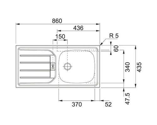 Zeichnung einer Spüle mit Maßangaben