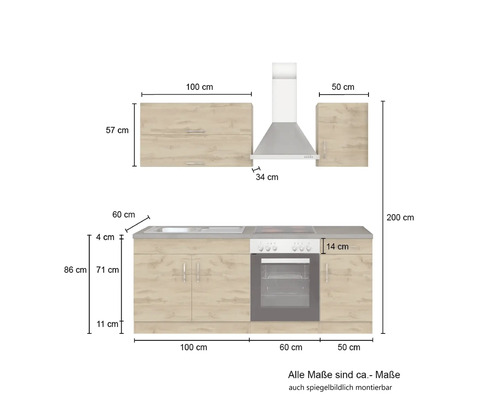 Abbildung einer Küchenzeile mit Maßen.