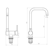 Dessin technique d''un robinet de cuisine avec des dimensions.