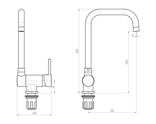 Dessin technique d''un robinet de cuisine avec des dimensions.