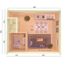 Plan d''un chalet de jardin avec salon, cuisine, chambre et escalier menant à l''étage supérieur avec dimensions