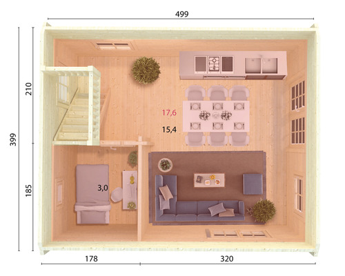 Grundriss eines Gartenhauses mit Wohnzimmer, Küche, Schlafzimmer und Treppe zum Obergeschoss mit Maßangaben