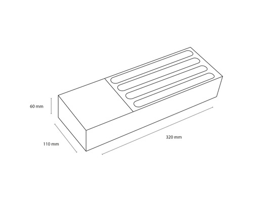 Technische Zeichnung eines Briefkastens mit den Maßen 60 mm Höhe, 110 mm Breite und 320 mm Länge