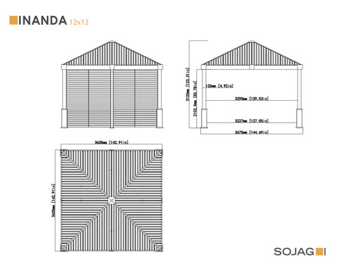Technische Zeichnung eines Inanda 12x12 Pavillons mit Maßangaben