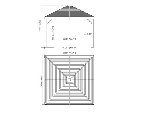 Technische Zeichnung eines Pavillons mit Maßangaben