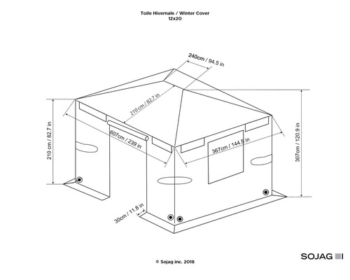 Schéma technique d''une housse d''hiver pour abri de jardin avec dimensions