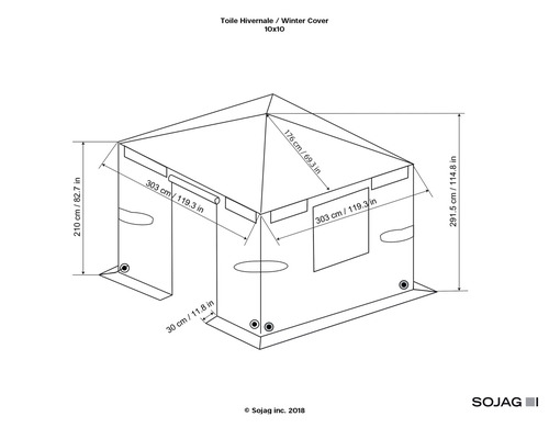 Dessin technique d''une housse d''hiver avec dimensions.