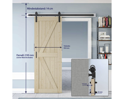 Holzschiebetür mit Beschlägen und Maßangaben zur Montage