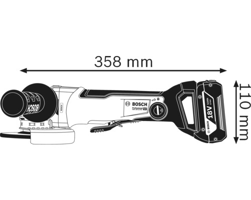 Schéma d'une meuleuse d'angle avec indication des dimensions : longueur 358 mm, hauteur 110 mm.