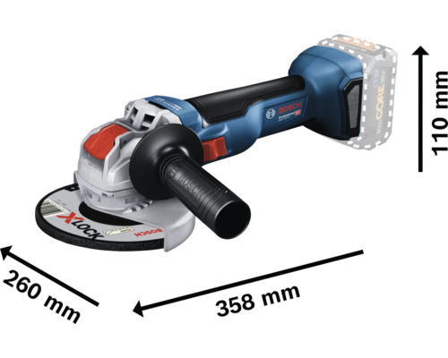 Akku-Winkelschleifer mit Scheibendurchmesser, Seitengriff und Maßangaben