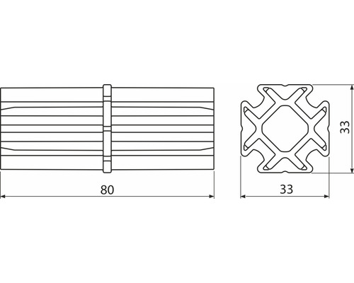 Illustration d''un profilé en aluminium aux dimensions 33 x 33 x 80 millimètres.