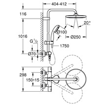 Schéma coté d''un ensemble de douche avec douche de tête et douchette à main, avec toutes les dimensions.