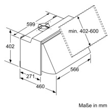 Technische Zeichnung einer Dunstabzugshaube mit Maßangaben in Millimeter