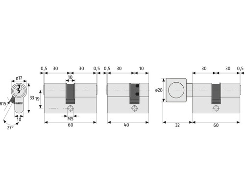 Dessin technique d''un cylindre de serrure ABUS avec indication des dimensions