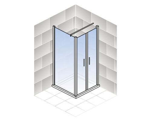 Eckdusche mit zwei Drehtüren vor Fliesenwand und Fliesenboden