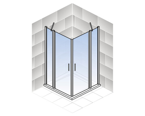 Douche d''angle avec portes en verre et poignées dans une salle de bain