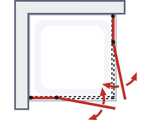 Représentation d''une cabine de douche avec des joints et des flèches rouges pour illustrer l''étanchéité