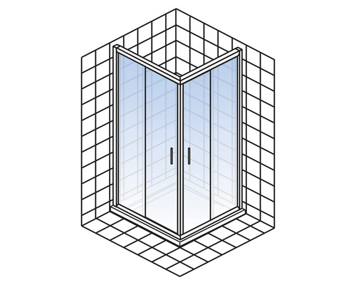 Douche d''angle avec deux portes en verre dans un angle carrelé