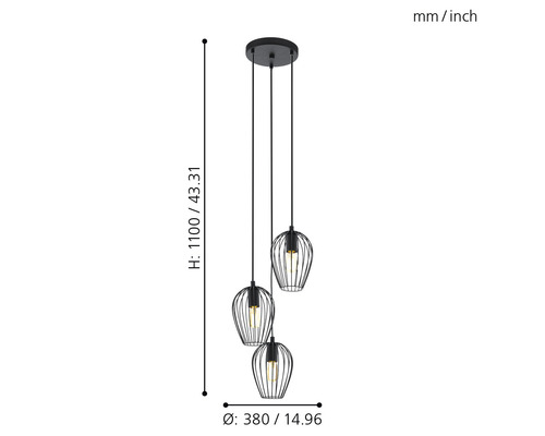 Dreiflammige Pendelleuchte mit Käfigschirmen und Maßangaben