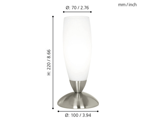 Image d''une lampe de table avec les dimensions suivantes : hauteur 220 millimètres, diamètre supérieur 70 millimètres et diamètre inférieur 100 millimètres.