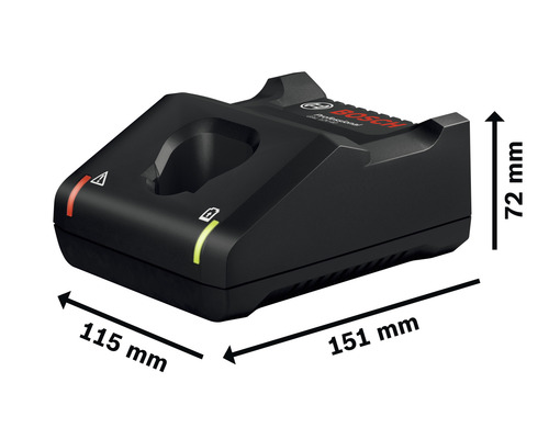 Chargeur de batterie Bosch mesurant 115 mm x 151 mm x 72 mm