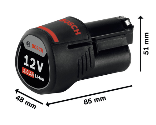 Logo Bosch, batterie lithium-ion 12 volts 2,0 ampères-heures avec dimensions