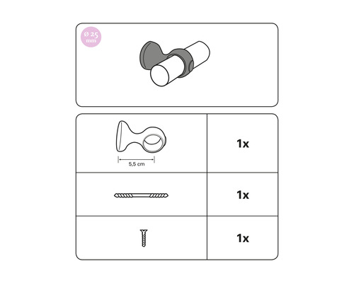 Darstellung eines Duschvorhangstangenhalters inklusive Schrauben und Dübel zur Montage