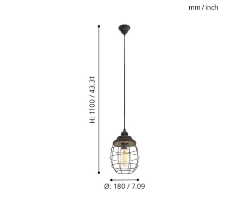 Hängeleuchte mit Käfigschirm und Maßangaben zur Höhe und Durchmesser