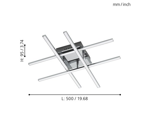 Quadratische Deckenleuchte mit kreuzförmigen Lichtelementen und Maßangaben