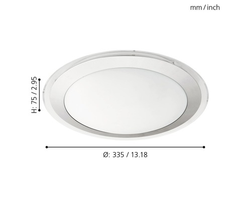 Runde Deckenleuchte mit den Maßen Durchmesser 335 Millimeter und Höhe 75 Millimeter.
