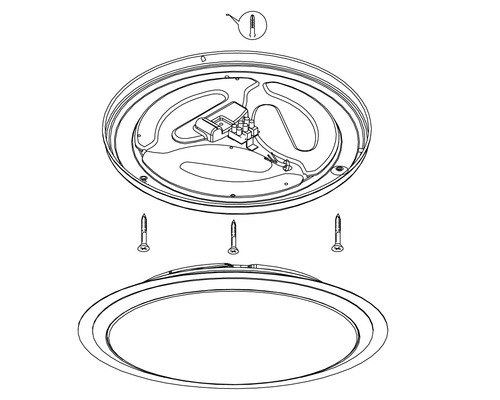 Explosionszeichnung einer runden Deckenleuchte mit Montagematerial