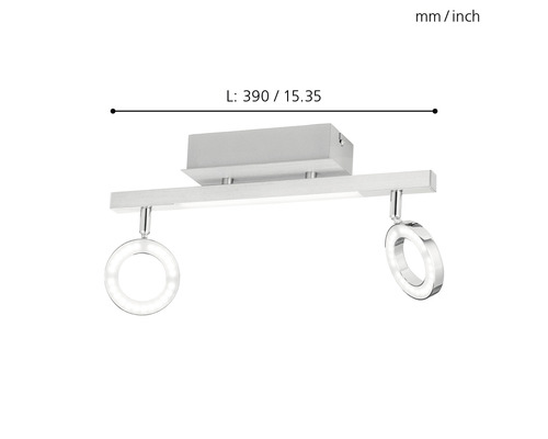 Plafonnier avec deux spots ronds et indication de la longueur