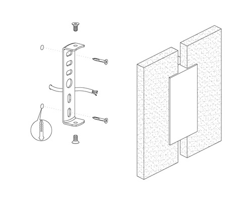 Darstellung einer Montagehalterung mit Schrauben und Dübel zur Wandbefestigung.
