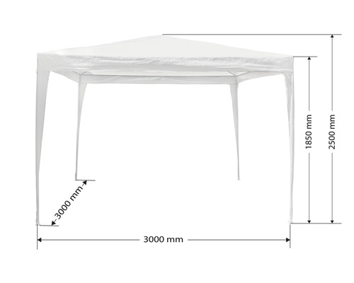 Pavillon mit den Maßen 3000 mm x 3000 mm und einer Höhe von 1850 mm bis 2500 mm.
