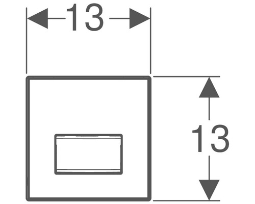 Technische Zeichnung eines quadratischen Objekts mit einer Kastenform und den Maßen 13 x 13