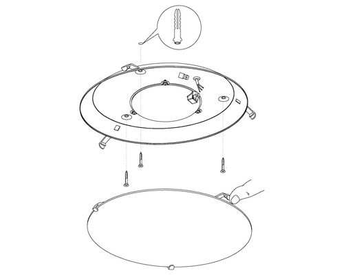 Schéma éclaté d''un plafonnier avec chevilles et vis