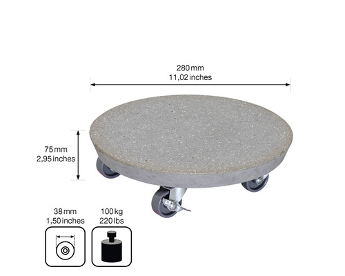 Support à plantes rond en grès avec roulettes et frein, diamètre 280 millimètres