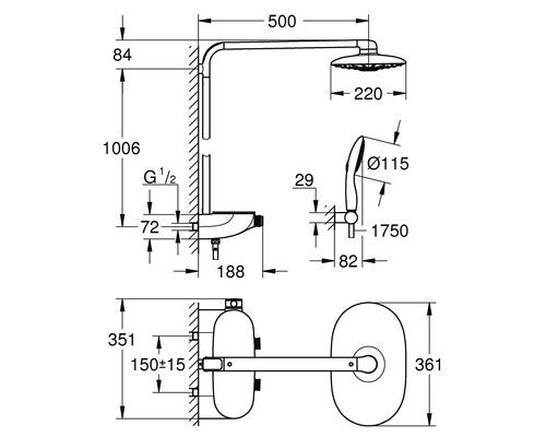 Maßzeichnung einer Brausegarnitur mit Kopfbrause und Handbrause mit Maßangaben