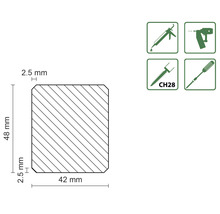 Abmessungen Holzprofil: 48 x 42 Millimeter. Verarbeitungshinweise: geeignet für Kartuschenpistole, Nagelpistole, Schraube CH28 und Schraubendreher.